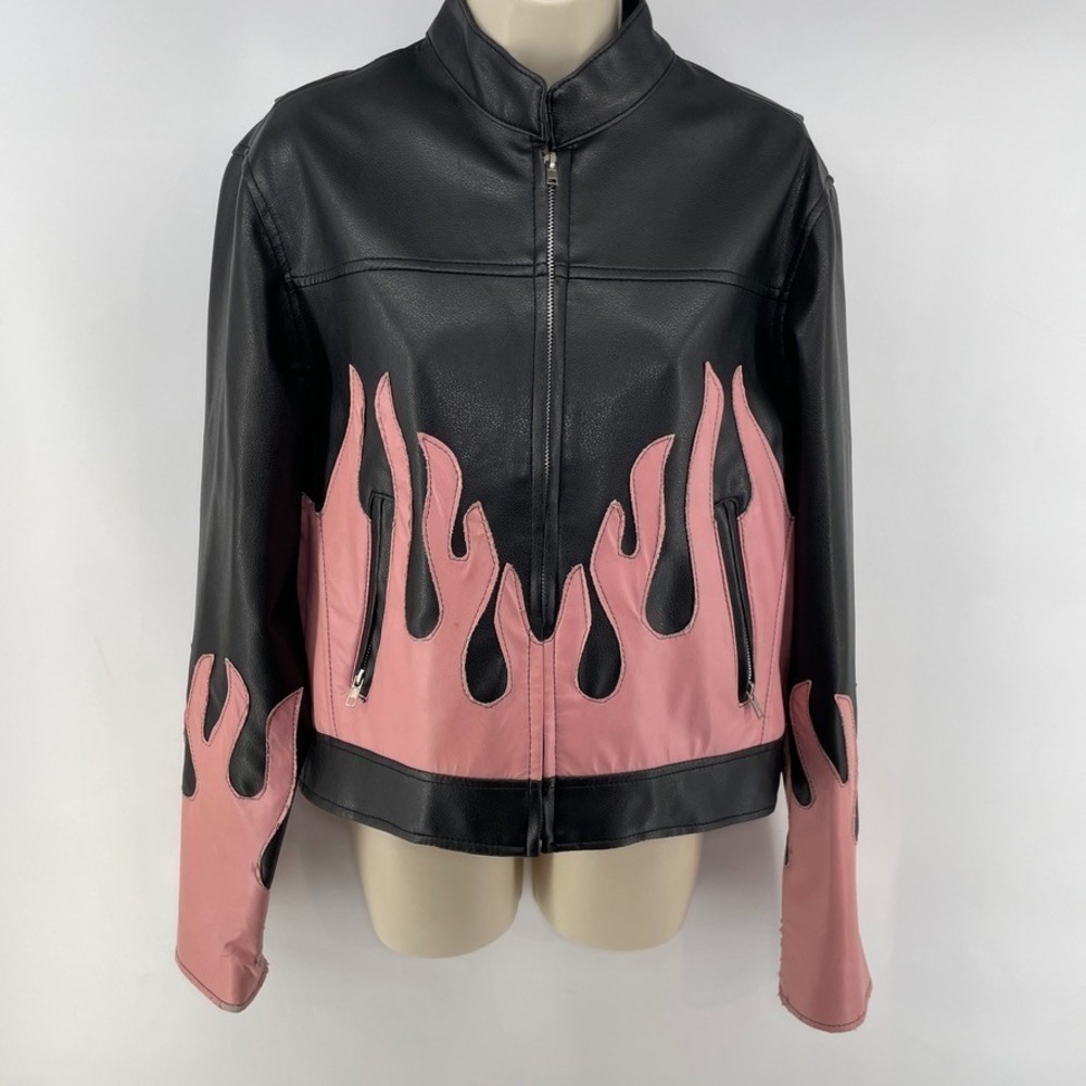 Diamond Plate Womens M Moto Jacket Pink Flames Black Faux Leather Biker